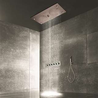 Brushed Nickel Recessed Ceiling Mount Rainfall Thermostatic LED Shower System with Handheld Shower