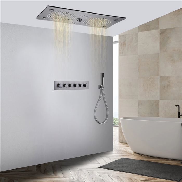 Foggia Hospitality Gunmetal Gray Thermostatic Musical Recessed Ceiling Mount Rainfall LED Shower System with Hand Shower
