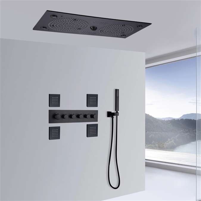 Ancona Thermostatic Matte Black Recessed Ceiling Mount LED Rainfall Musical Shower System with Jetted Body Sprays and Hand Shower