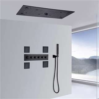 Ancona Thermostatic Matte Black Recessed Ceiling Mount LED Rainfall Musical Shower System with Jetted Body Sprays and Hand Shower