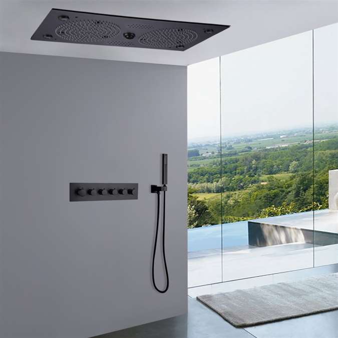 Naples Matte Black Thermostatic Recessed Ceiling Mount LED Rainfall Shower System with Sound System and Hand Shower