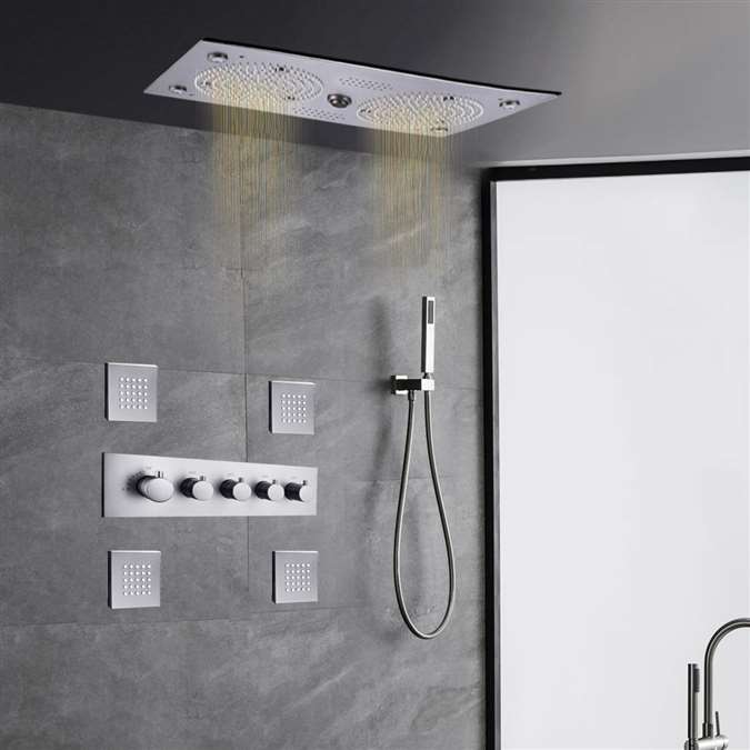 Bologna Thermostatic Gunmetal Gray Recessed Ceiling Mount Rainfall LED Musical Shower System with Jetted Body Sprays and Hand Shower