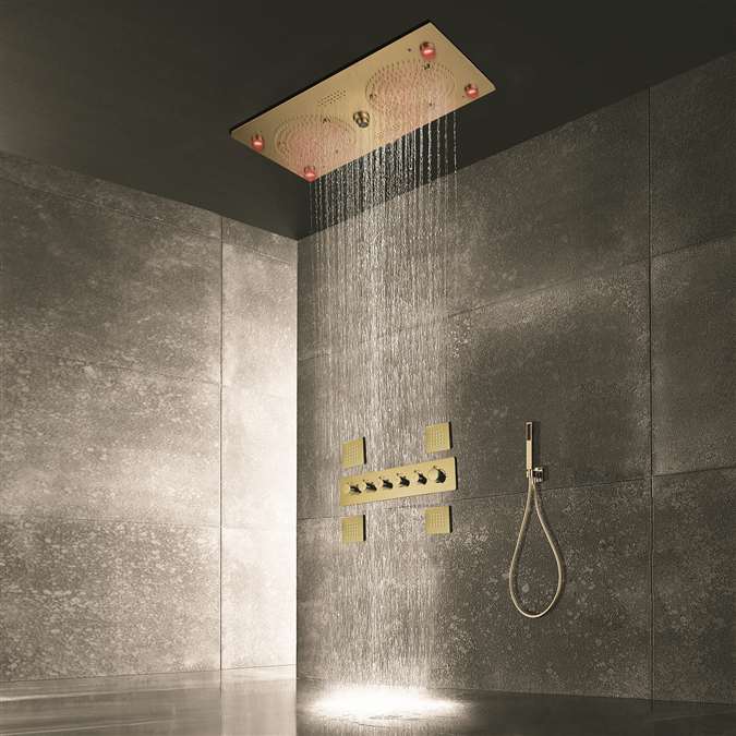Mantua Thermostatic Gunmetal Gray Recessed Ceiling Mount Rainfall LED Musical Shower System with Jetted Body Sprays and Hand Shower