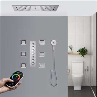 Turin Chrome Thermostatic Remote Controlled Recessed Ceiling Mount Large LED Waterfall Rainfall Musical Shower System with Jetted Body Sprays and Round Hand Shower