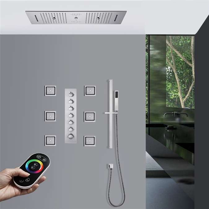 Palermo Chrome Remote Controlled Musical Thermostatic Luxurious LED Recessed Ceiling Mount Rainfall Waterfall Mist Shower System with Jetted Body Sprays and Hand Shower