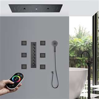 Faenza Remote Controlled Matte Black Thermostatic LED Recessed Ceiling Mount Musical Rainfall Waterfall Shower System with Hand Shower and Jetted Body Sprays