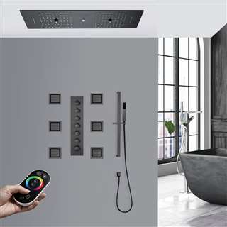 Florence Remote Controlled Luxurious Matte Black Thermostatic Recessed Ceiling Mount LED Musical Rainfall Waterfall Shower System with Jetted Body Sprays and Hand Shower
