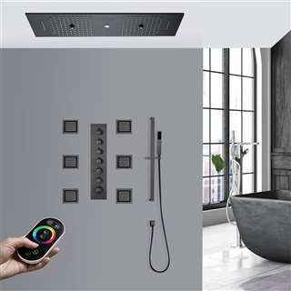 Hotel Florence Remote Controlled Luxurious Matte Black Thermostatic Recessed Ceiling Mount LED Musical Rainfall Waterfall Shower System with Jetted Body Sprays and Hand Shower