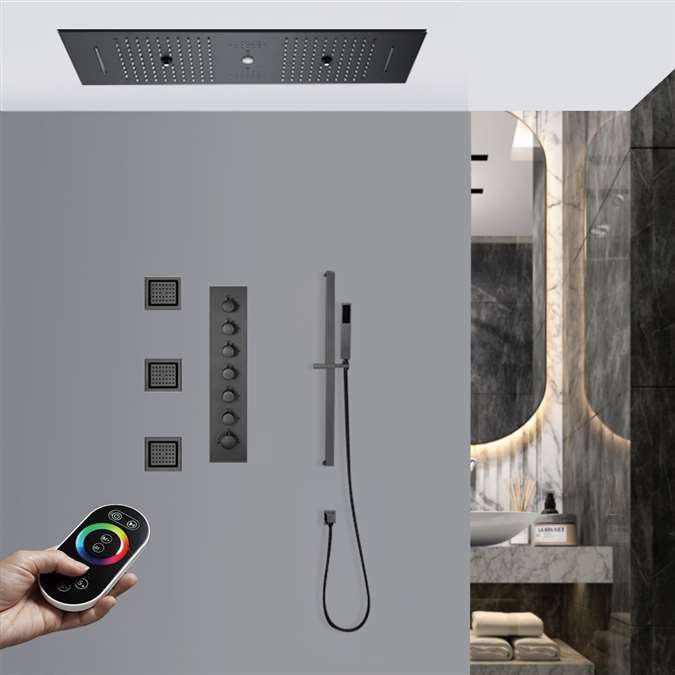 Catania LED Remote Controlled Matte Black Thermostatic Musical Rainfall Waterfall Mist Shower System with Hand Shower and 3 Jetted Body Sprays