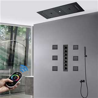 Verona Thermostatic Matte Black Remote Controlled Recessed Ceiling Mount Musical LED Rainfall Waterfall Shower System with Jetted Body Sprays and Hand Shower