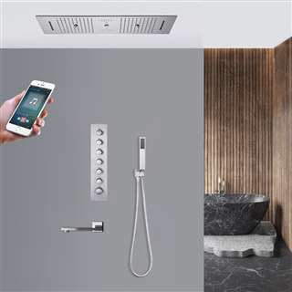 Venice Thermostatic Chrome LED Phone Controlled Recessed Ceiling Mount Musical Rainfall Waterfall Mist Shower System with Hand Shower