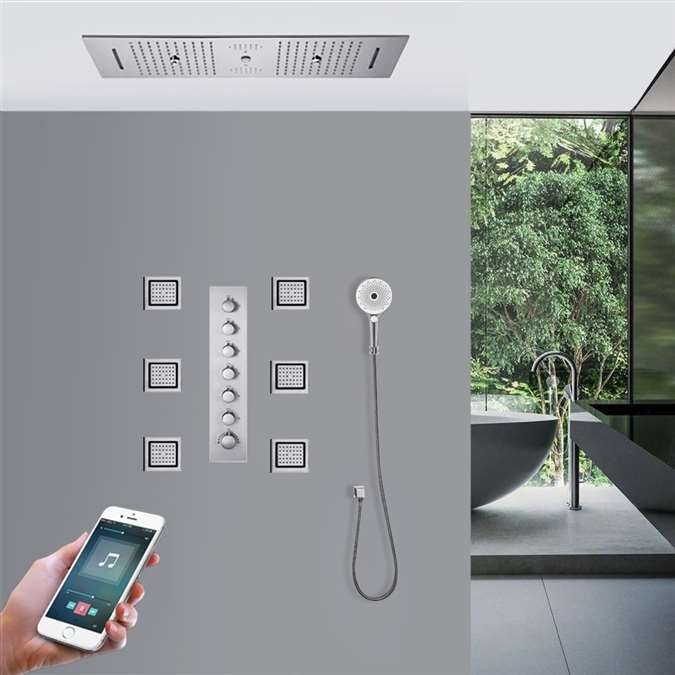 Messina Phone Controlled Chrome Luxurious Thermostatic Recessed Ceiling Mount Musical Waterfall Rainfall Shower System with Round Hand Shower and Jetted Body Sprays