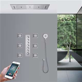 Padua Phone Controlled Chrome Rainfall Waterfall LED Thermostatic Recessed Ceiling Mount Musical Shower System with Jetted Body Sprays and Round Hand Shower