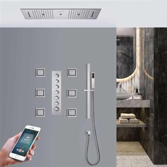 Trieste LED Chrome Phone Controlled Thermostatic Recessed Ceiling Mount Musical Rainfall Waterfall Mist Shower System with Jetted Body Sprays and Hand Shower