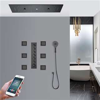 Modena Matte Black Thermostatic LED Phone Controlled Recessed Ceiling Mount Musical Rainfall Shower System with Hand Shower and Jetted Body Sprays