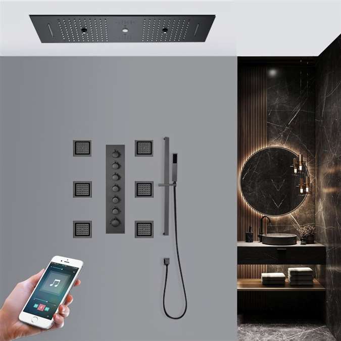 Perugia LED Matte Black Phone Controlled Thermostatic Recessed Ceiling Mount Rainfall Shower System with Jetted Body Sprays and Hand Shower