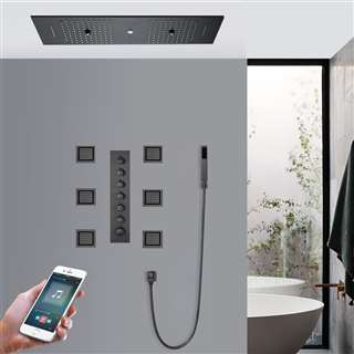Cagliari Thermostatic Recessed Ceiling Mount Phone Controlled Matte Black Musical LED Rainfall Shower System with Jetted Body Sprays and Hand Shower