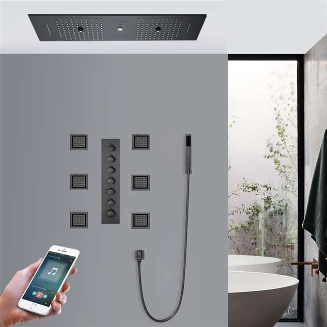 Cagliari Thermostatic Recessed Ceiling Mount Phone Controlled Matte Black Musical LED Rainfall Shower System with Jetted Body Sprays and Hand Shower