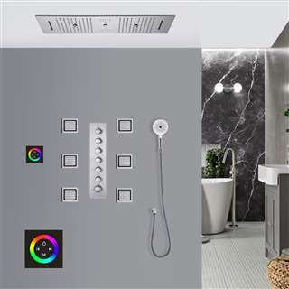 Salerno LED Chrome Thermostatic Touch Panel Controlled Recessed Ceiling Mount Musical Rainfall Shower System with Jetted Body Sprays and Hand Shower
