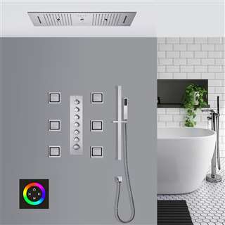 Ferrara Chrome Thermostatic Touch Panel Controlled LED Recessed Ceiling Mount Musical Rainfall Shower System with Jetted Body Sprays and Hand Shower