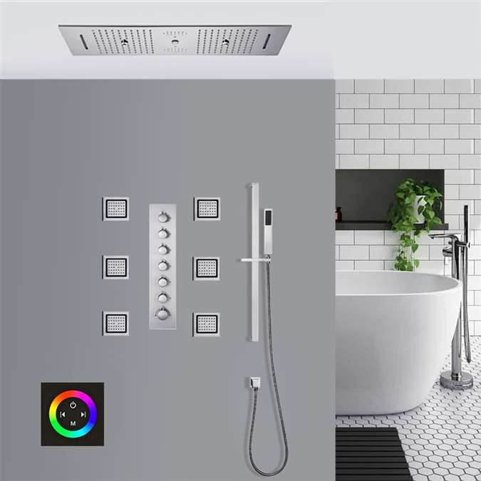 Ferrara Chrome Thermostatic Touch Panel Controlled LED Recessed Ceiling Mount Musical Rainfall Shower System with Jetted Body Sprays and Hand Shower