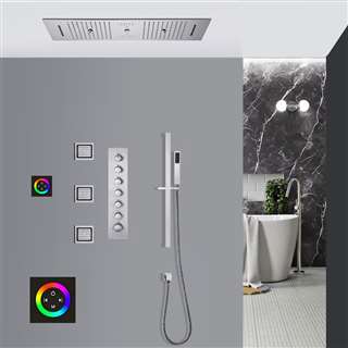 Latina Chrome Thermostatic LED Touch Panel Controlled Recessed Ceiling Mount Musical Rainfall Waterfall Shower System with Jetted Body Sprays and Hand Shower