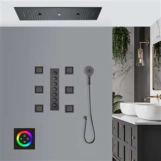 Monza Touch Panel Controlled Matte Black Thermostatic Recessed Ceiling Mount LED Musical Rainfall Shower System with Hand Shower and Jetted Body Sprays