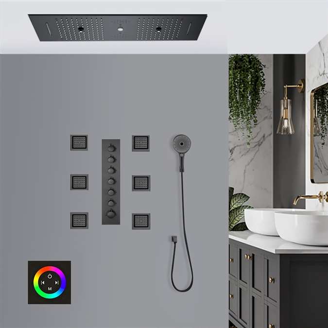 Monza Touch Panel Controlled Matte Black Thermostatic Recessed Ceiling Mount LED Musical Rainfall Shower System with Hand Shower and Jetted Body Sprays