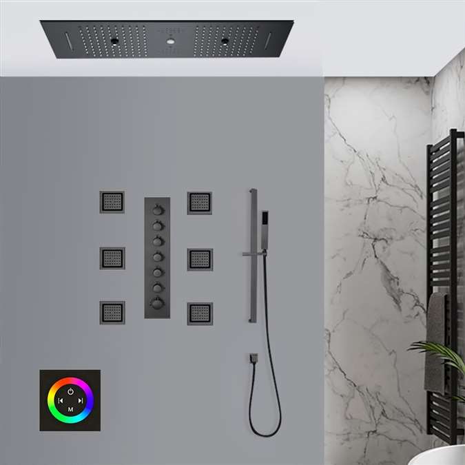 Bergamo Touch Panel Controlled Matte Black Thermostatic LED Musical Rainfall Shower System with Hand Shower and Jetted Body Sprays