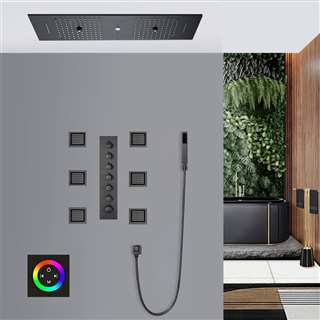 Trento Touch Panel Controlled Matte Black Thermostatic Recessed Ceiling Mount LED Musical Rainfall Shower System with Jetted Body Sprays and Hand Shower