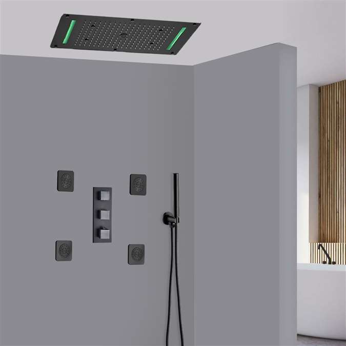 Vicenza Matte Black Thermostatic LED Mist Waterfall Rainfall Shower System with Jetted Body Sprays and Hand Shower