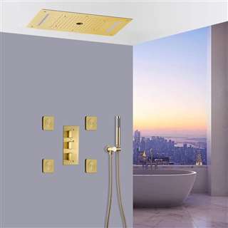 Novara Thermostatic Brushed Gold Recessed Ceiling Mount LED Waterfall Mist Rainfall Shower System with Jetted Body Sprays and Hand Shower