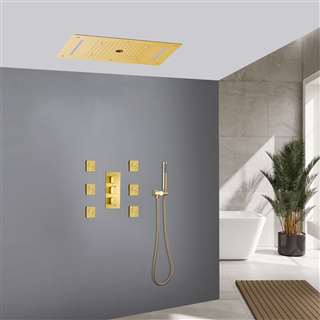 Varese LED Brushed Gold Thermostatic Elegant Recessed Ceiling Mount Waterfall Mist Rainfall Shower System with Hand Shower and Jetted Body Sprays