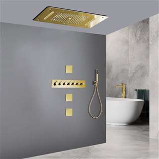 Casoria Thermostatic Recessed Ceiling Mount Brushed Gold Stylish LED Waterfall Mist Rainfall Shower System with Hand Shower and Jetted Body Sprays