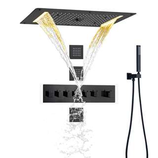 Gela Thermostatic Matte Black Recessed Ceiling Mount LED Rainfall Shower System with Handheld Shower and Jetted Body Sprays