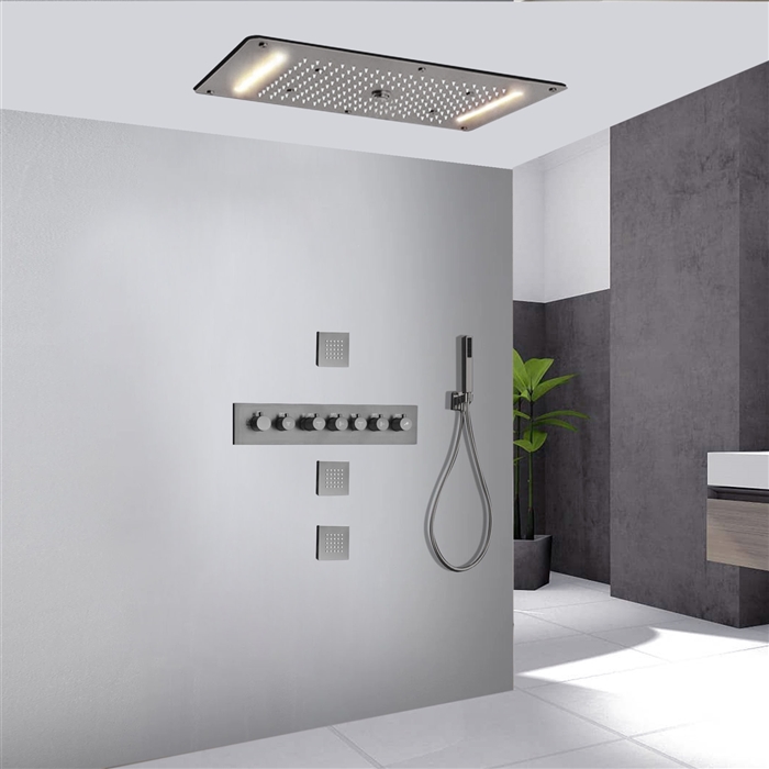 Cremona Hospitality Thermostatic Brushed Nickel Recessed Ceiling Mount LED Waterfall Rainfall Shower System with Handheld Shower and Jetted Body Sprays