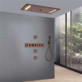 Massa Oil Rubbed Bronze Thermostatic Recessed Ceiling Mount LED Waterfall Rainfall Shower System with Jetted Body Sprays and Hand Shower