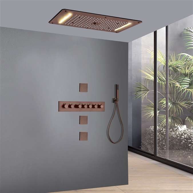 Massa Oil Rubbed Bronze Thermostatic Recessed Ceiling Mount LED Waterfall Rainfall Shower System with Jetted Body Sprays and Hand Shower