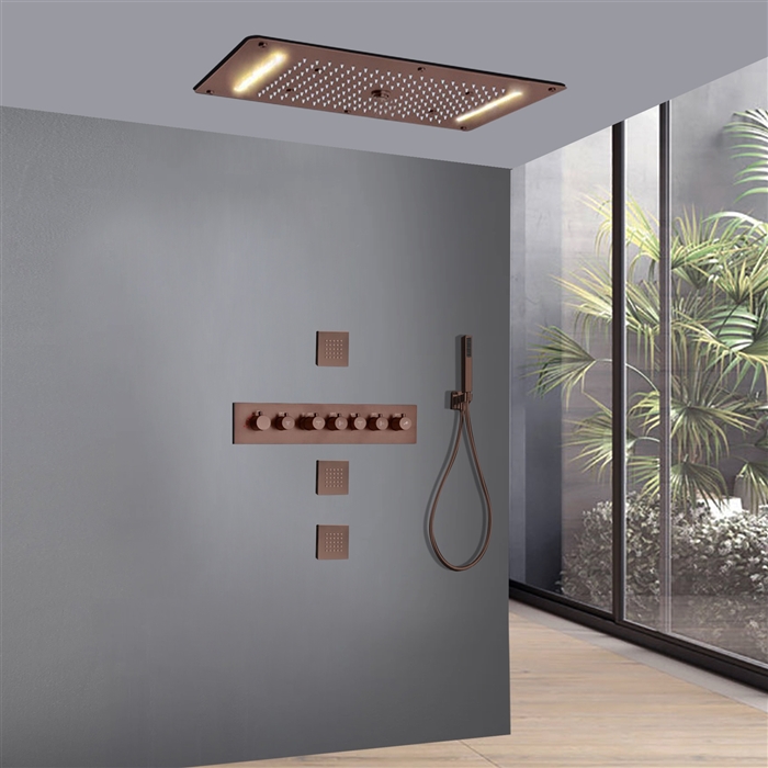 Massa Hospitality Oil Rubbed Bronze Thermostatic Recessed Ceiling Mount LED Waterfall Rainfall Shower System with Jetted Body Sprays and Hand Shower