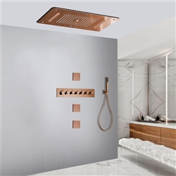 Vittoria Sophisticated Rose Gold Thermostatic Recessed Ceiling Mount LED Waterfall Rainfall Shower System with Hand Shower and Jetted Body Sprays