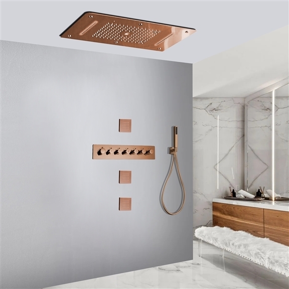 Vittoria Hospitality Sophisticated Rose Gold Thermostatic Recessed Ceiling Mount LED Waterfall Rainfall Shower System with Hand Shower and Jetted Body Sprays