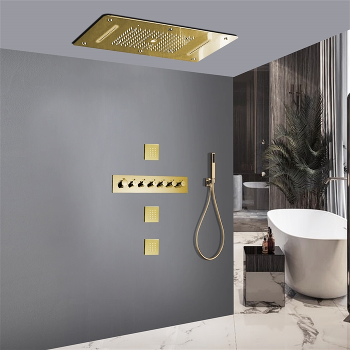 Savona Hospitality Thermostatic Gold Recessed Ceiling Mount LED Waterfall Rainfall Shower System with Hand Shower and Jetted Body Sprays