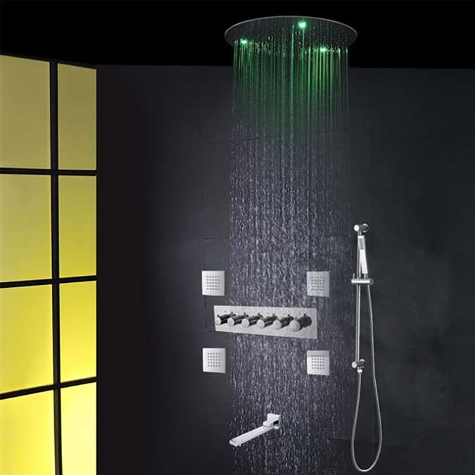 Acerra Chrome Polished LED Thermostatic Recessed Ceiling Mount LED Rainfall Waterfall Shower System with Hand Shower and Jetted Body Sprays