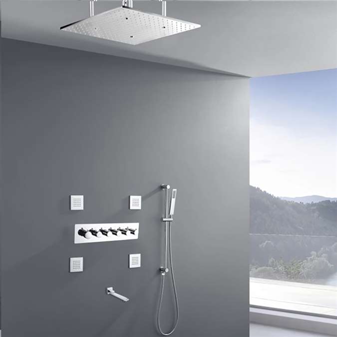 Aversa Thermostatic Chrome Polished LED Ceiling Mount Rainfall Shower System with Hand Shower and Jetted Body Sprays