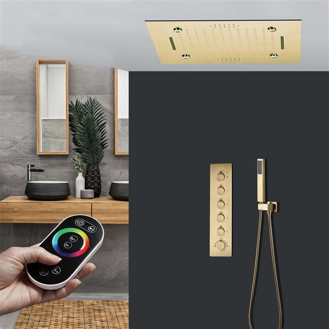 Fondi 20" Thermostatic Remote Controlled Brushed Gold Recessed Ceiling Mount LED Waterfall Rainfall Musical Shower System with Hand Shower