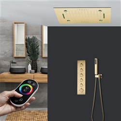 Hostelry Fondi 20" Thermostatic Remote Controlled Brushed Gold Recessed Ceiling Mount LED Waterfall Rainfall Musical Shower System with Hand Shower