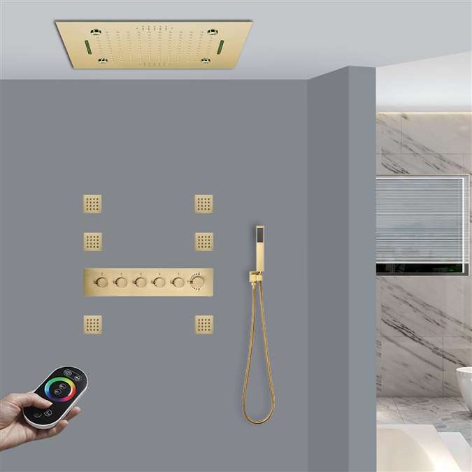 Formia Brushed Gold Thermostatic Remote Controlled Recessed Ceiling Mount LED Rainfall Waterfall Mist Musical Shower System with Hand Shower and Jetted Body Sprays