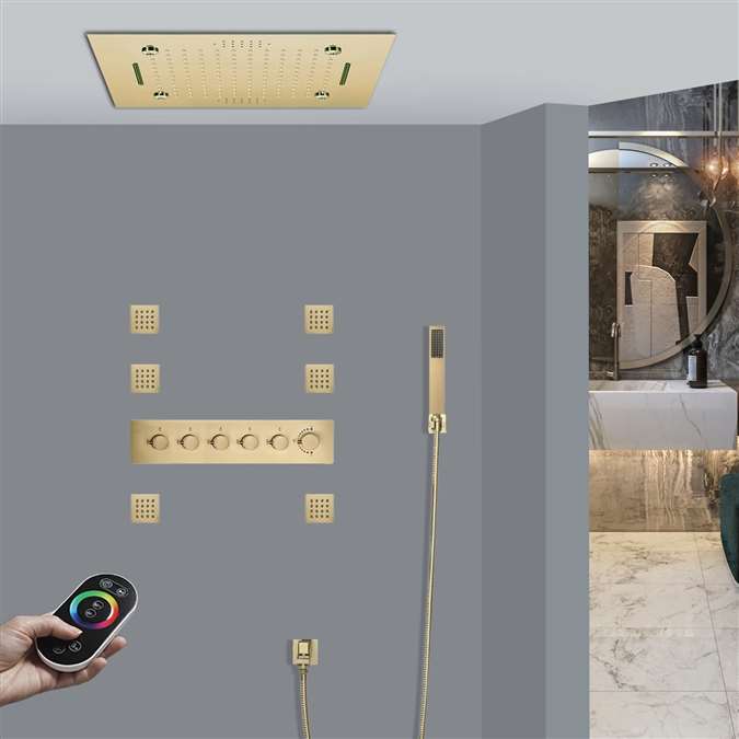 Brushed Gold Remote Controlled Thermostatic Recessed Ceiling Mount LED Rainfall Musical Shower System with Hand Shower and 6 Jetted Body Sprays