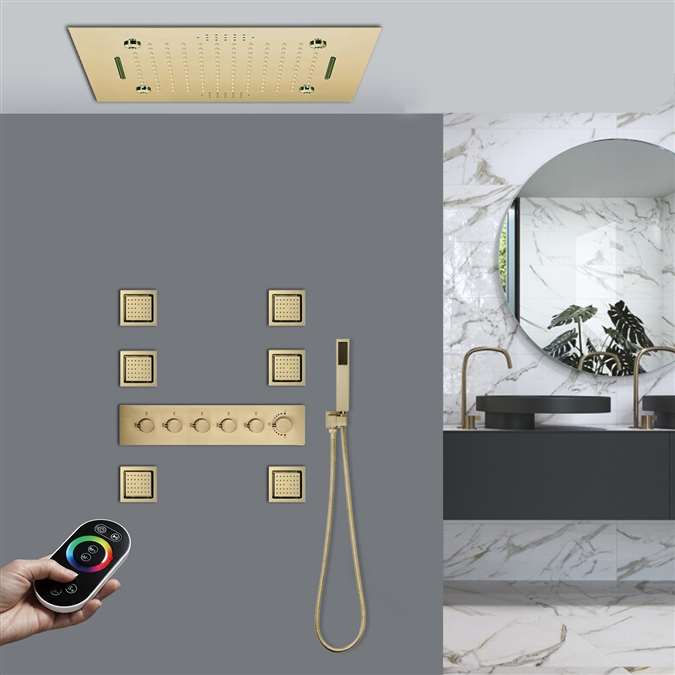 Mantua Remote Controlled Thermostatic Brushed Gold LED Musical Recessed Ceiling Mount Rainfall Shower System with Jetted Body Sprays and Hand Shower