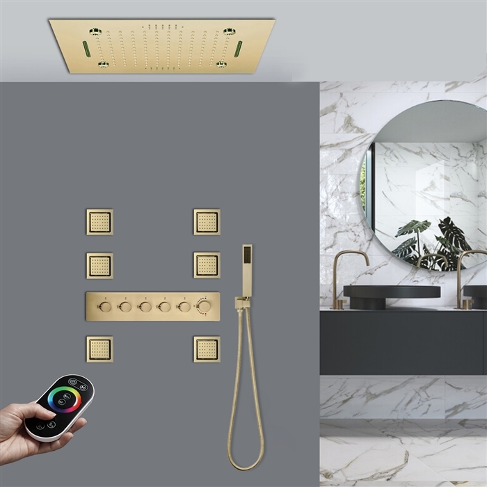 Hostelry Mantua Remote Controlled Thermostatic Brushed Gold LED Musical Recessed Ceiling Mount Rainfall Shower System with Jetted Body Sprays and Hand Shower